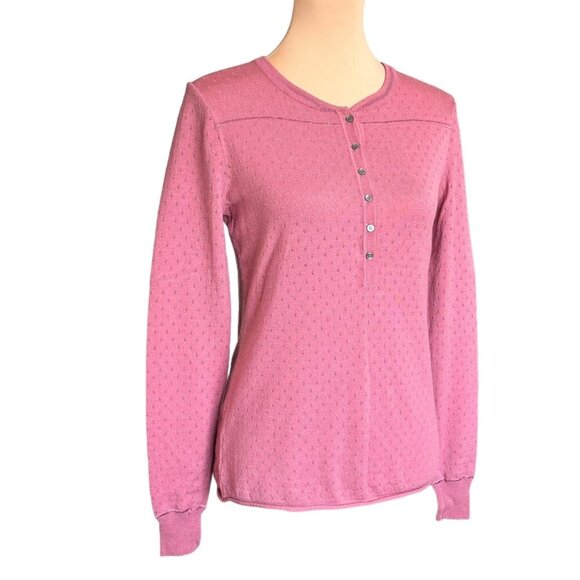 THEORY Wool Henley Sweater Sz.M Pointelle Knit Pink Preppy Lightweight Cottage - Picture 2 of 10
